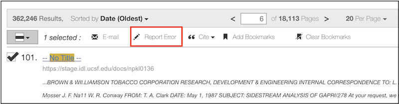 Screenshot showing location of Report Error button on menu bar on search results page